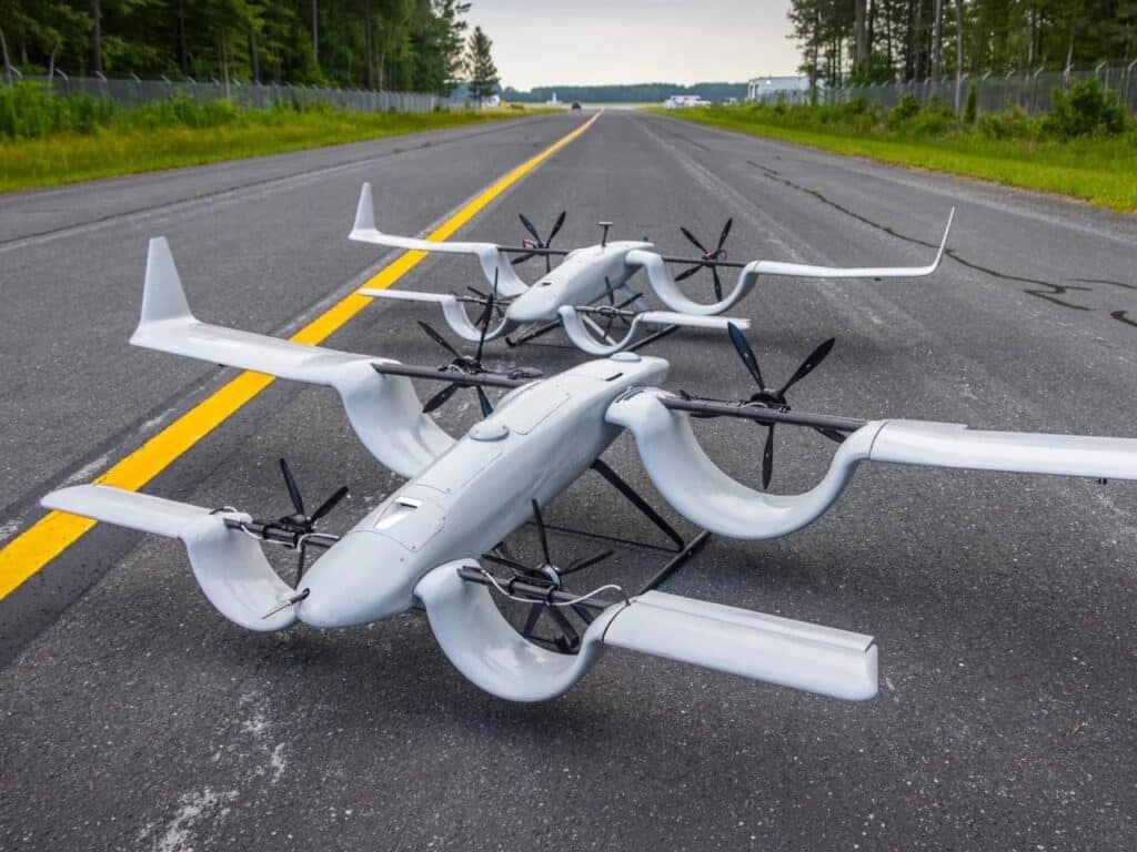 Two grey HopFlyt Cyclone UAV prototypes featuring Custer Channel Wings parked on an asphalt runway.