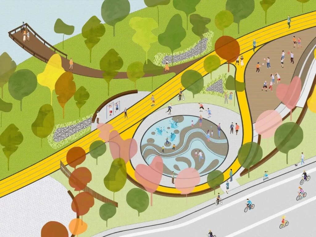 Architectural concept illustration of Orchestra Park showing zoning for activities like skating, running, and a musical fountain.