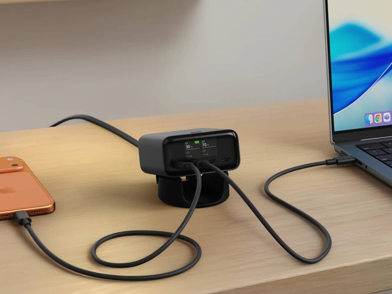 Satechi ChargeView 140W GaN charger on a wooden desk charging a laptop and iPhone, showing real-time power distribution on its digital display.