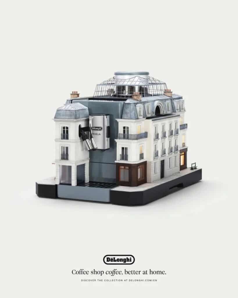 Haussmann-style Parisian miniature building facade on a De&rsquo;Longhi Rivelia coffee machine.