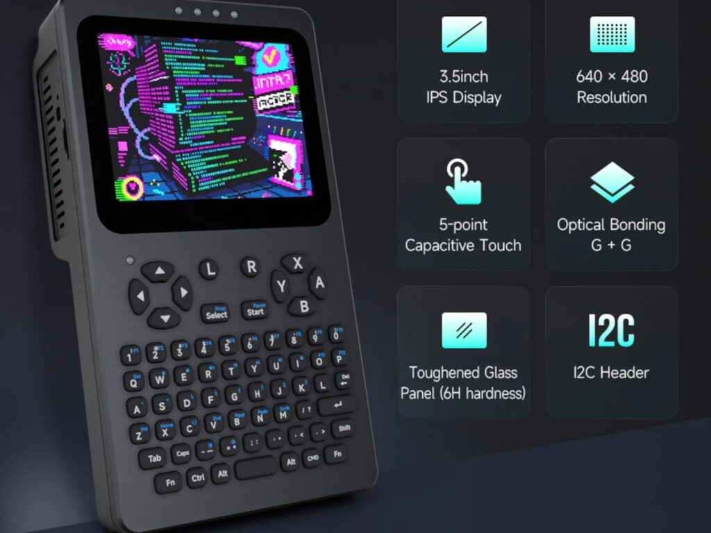 PocketTerm35 display features including 3.5-inch IPS panel, 640x480 resolution, and 5-point capacitive touch.