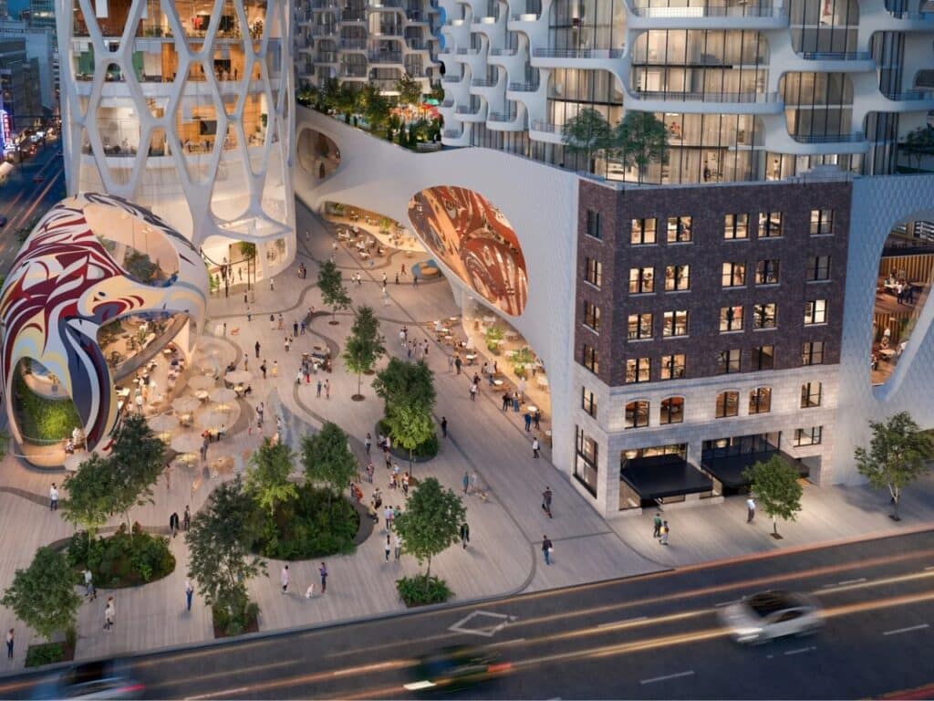 A ground-level visualization of the 595 West Georgia streetscape and public plaza at dusk, showing pedestrians, a colorful artistic pavilion, a preserved brick building integrated into the new glass and white network structure, and an illuminated overhead artwork.