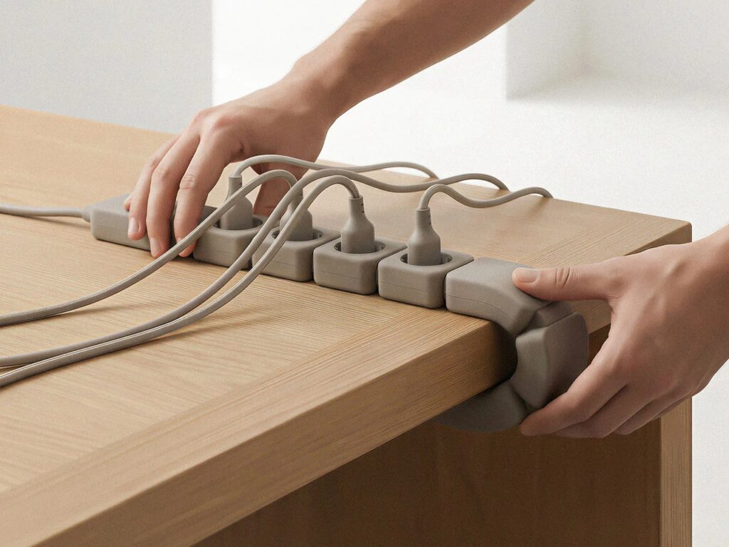 Hands adjusting the Edge power strip on a light oak desk, demonstrating the clamp mechanism.