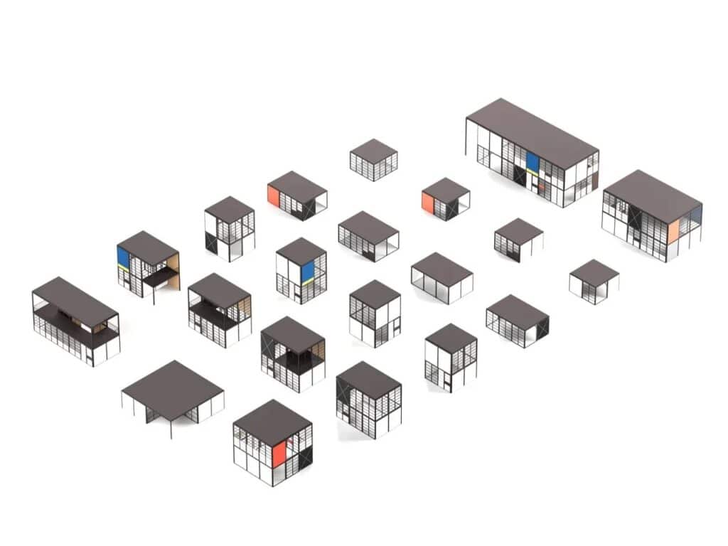 Isometric 3D diagram showing various modular configurations of the Eames Pavilion System on a white background.