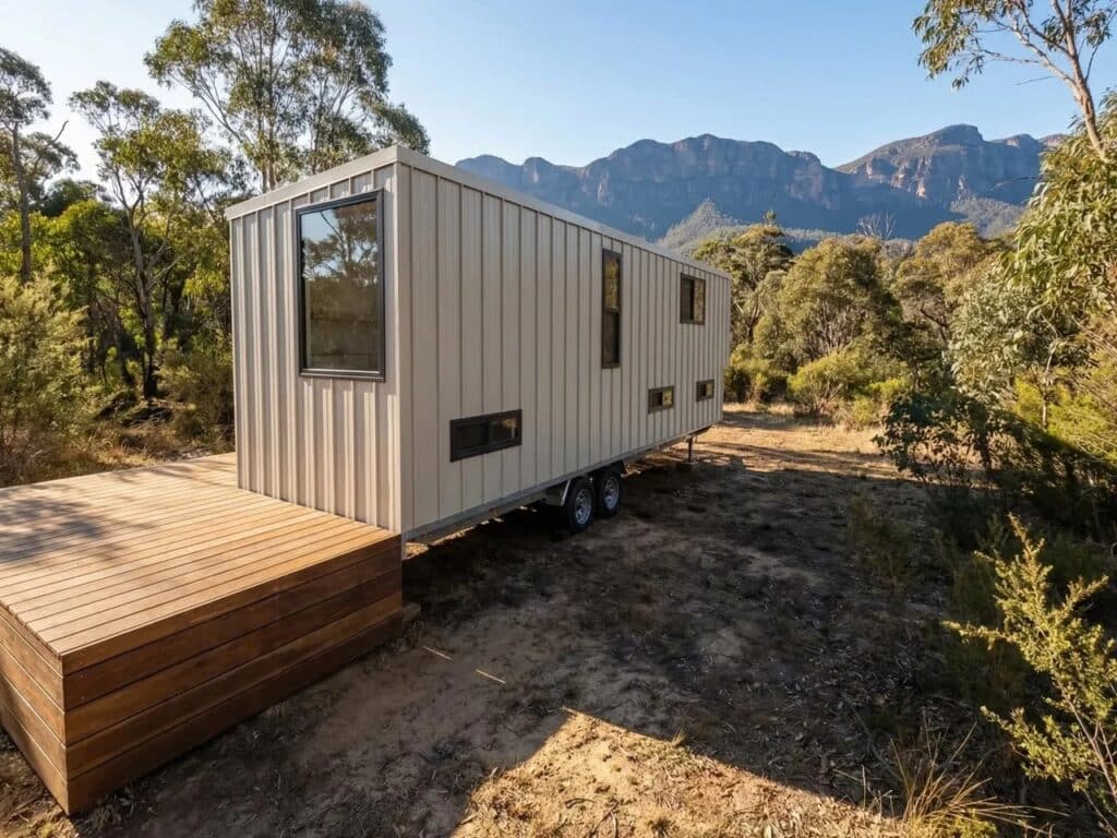 Rear perspective of Onda tiny house showing the dual-axle trailer and minimalist window placement in a mountainous landscape.