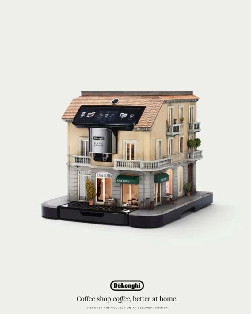 Italian Mediterranean style miniature villa cafe built around a De&rsquo;Longhi Eletta Explore machine.