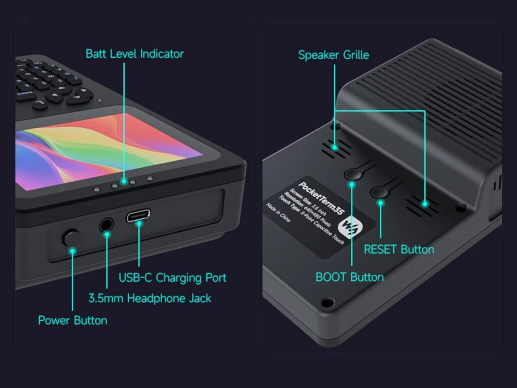 Close-up of PocketTerm35 ports showing USB-C charging, 3.5mm headphone jack, power button, and BOOT/RESET controls.