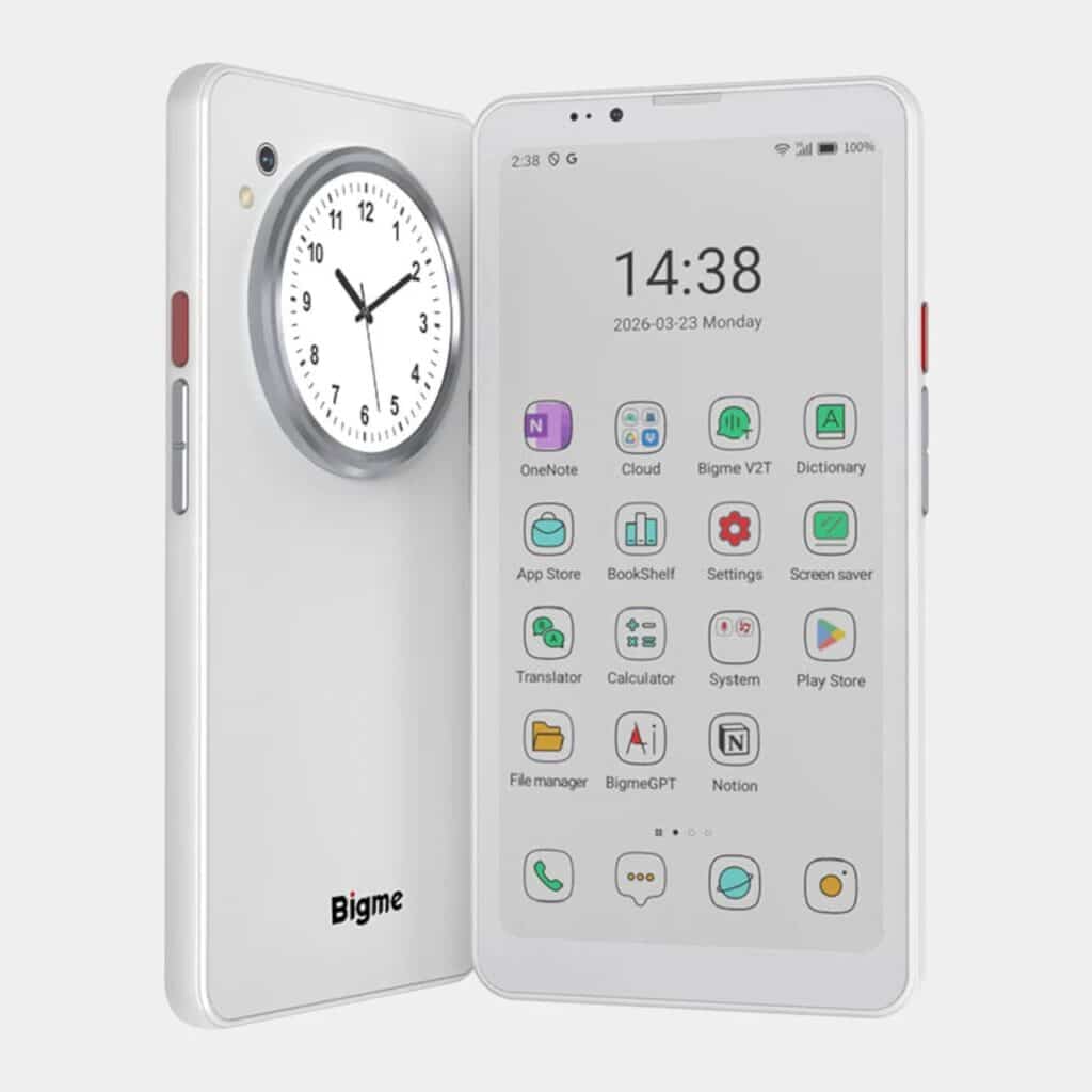 Three-quarter studio view of the Bigme HiBreak Dual in white, showing the side buttons and the prominent rear circular display.