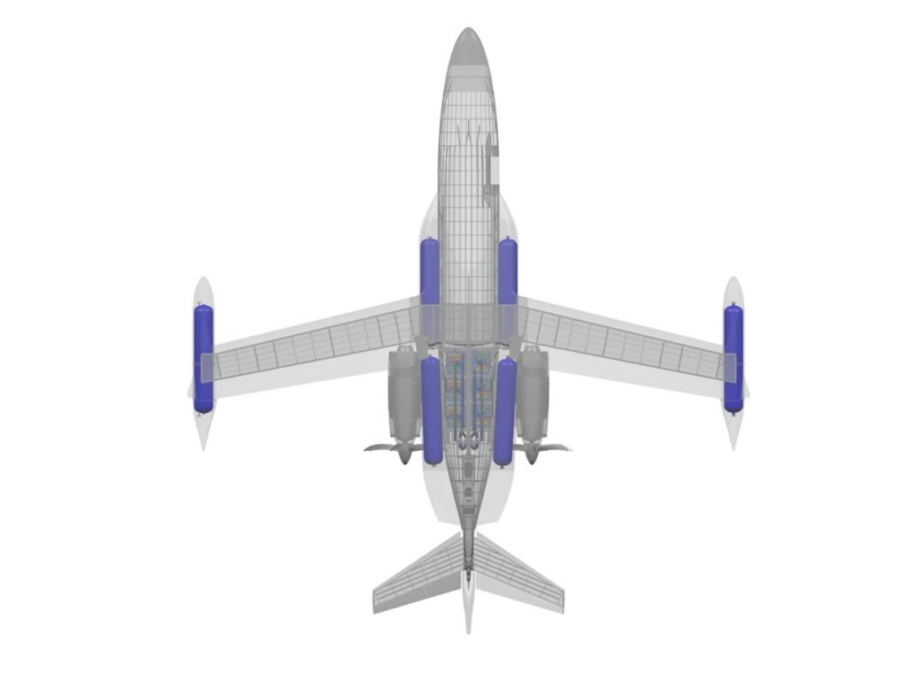 Top-down technical x-ray view of the BYA-I One aircraft highlighting the internal placement of hydrogen fuel tanks and propulsion components.