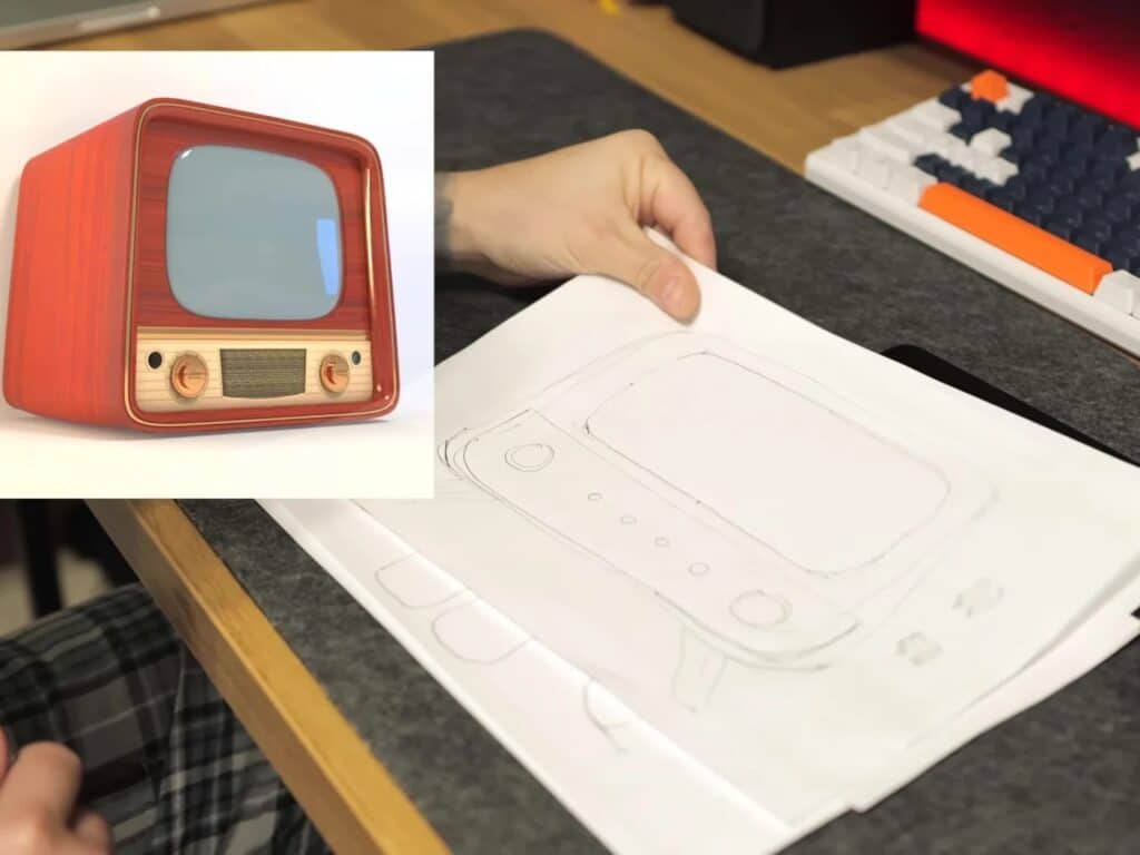 A hand holding a paper sketch of a retro TV-style speaker next to a digital 3D reference image.