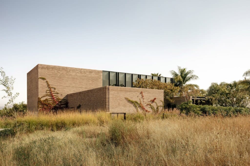 Side view of Capuchinas House showing the cantilevered volume and the integration of local vegetation and wild grasses.