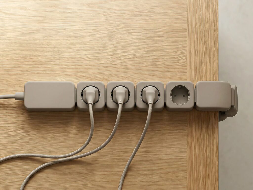 Top view of Edge power solution with four active plugs and one empty socket on a wooden surface.