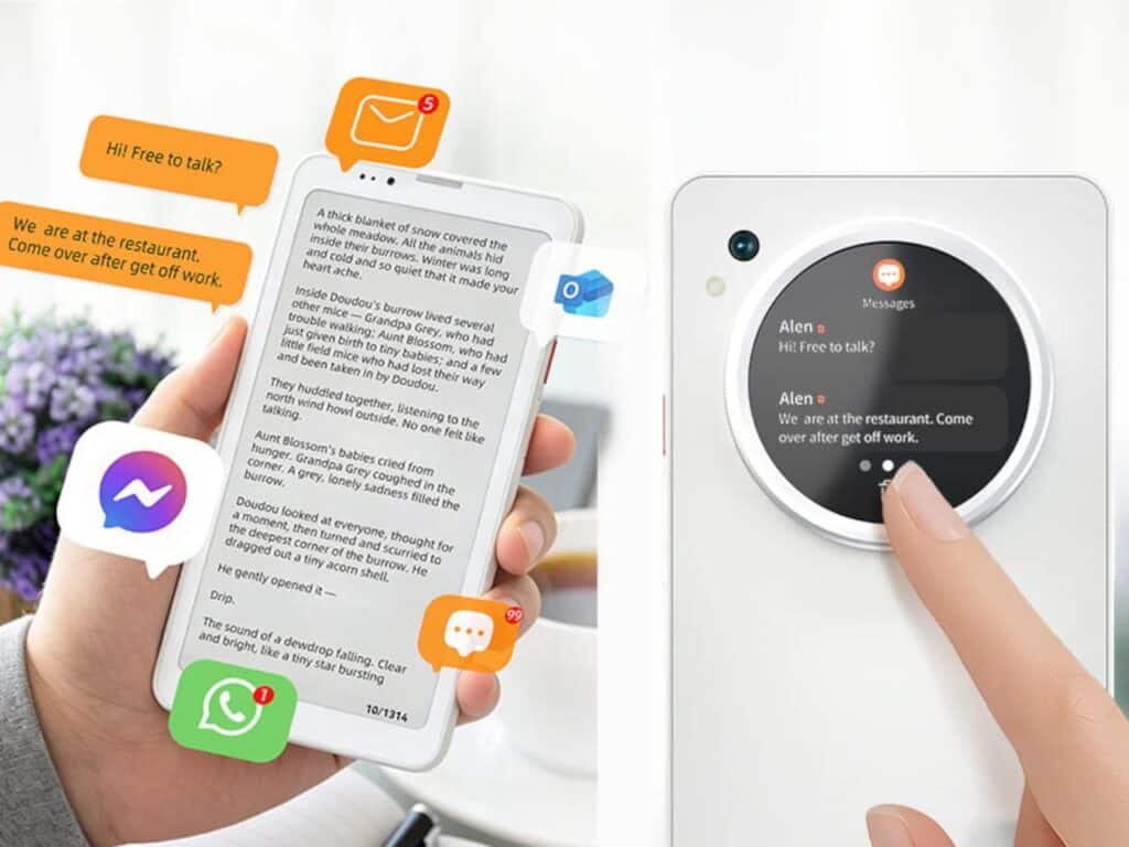 Comparison of the Bigme HiBreak Dual main screen displaying text and the rear screen showing notification previews from apps like WhatsApp and Messenger.