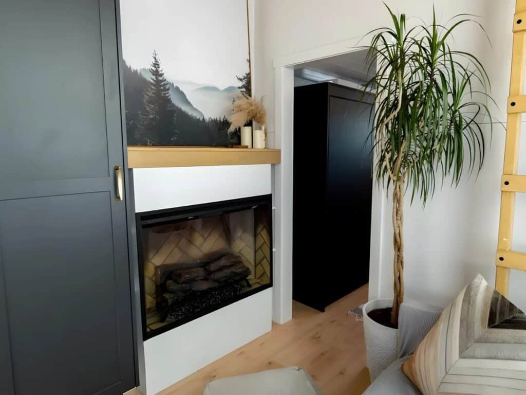 Modern built-in fireplace in Harmony tiny home with a landscape painting and indoor plant.