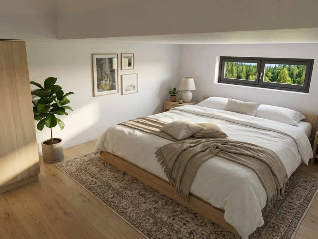 Master bedroom in Onda tiny house ground floor with minimalist decor, large bed, and forest view window.