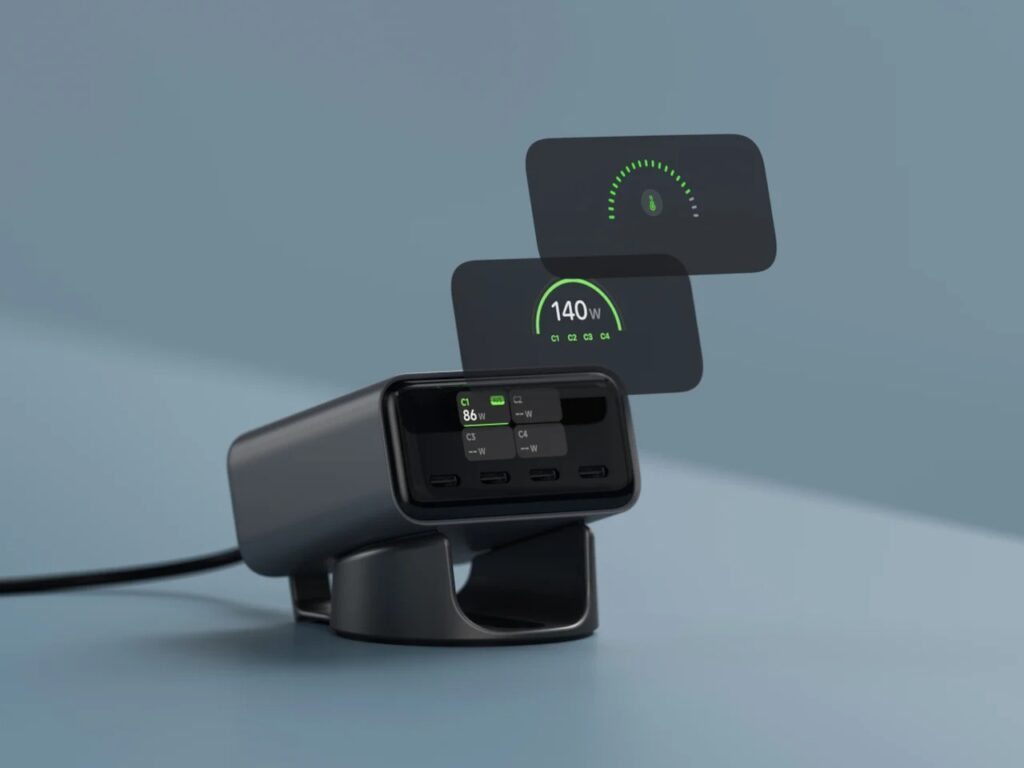 Close-up of Satechi ChargeView digital interface showing wattages per port and total power consumption graphics.