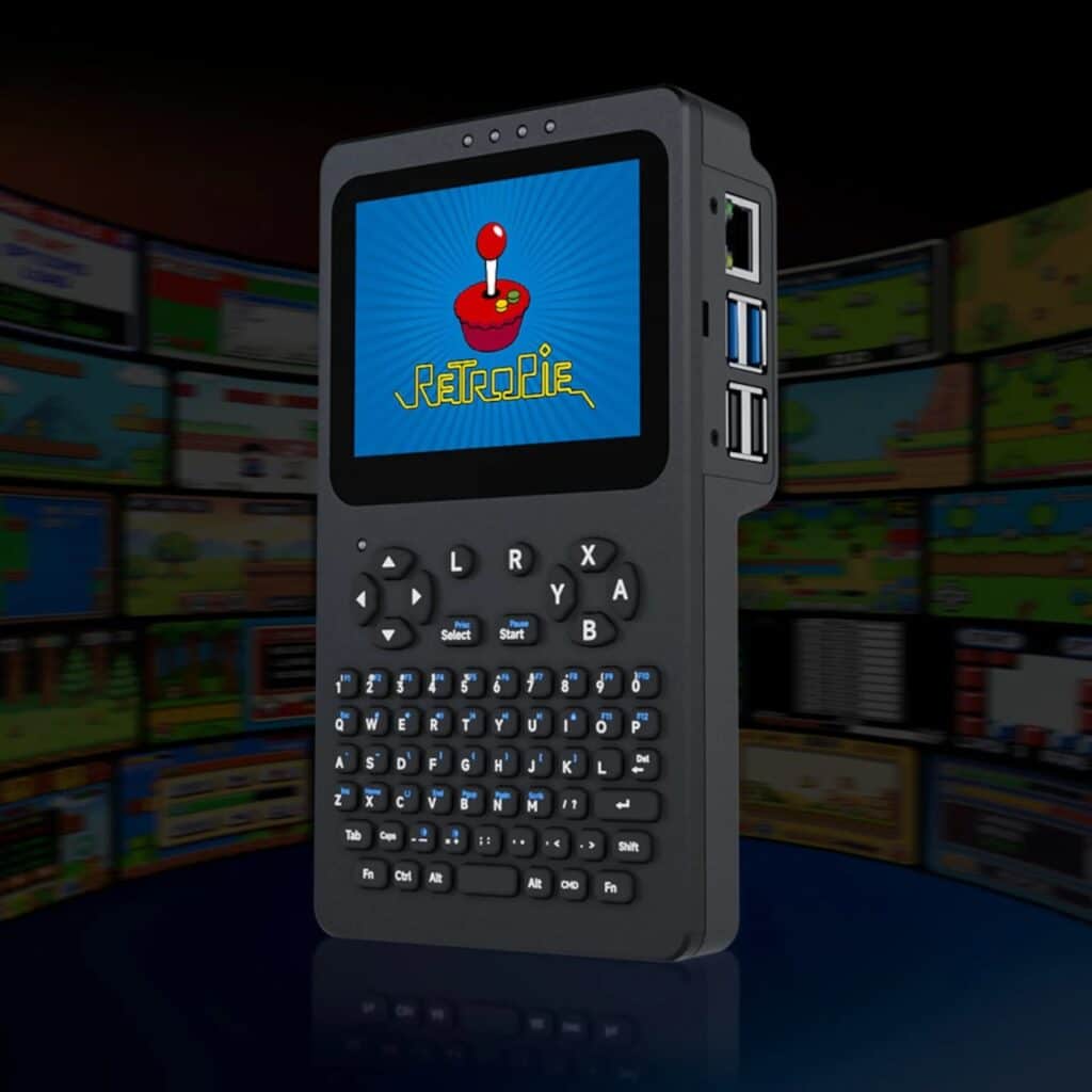 PocketTerm35 running RetroPie gaming system with side-mounted USB and Ethernet ports visible.
