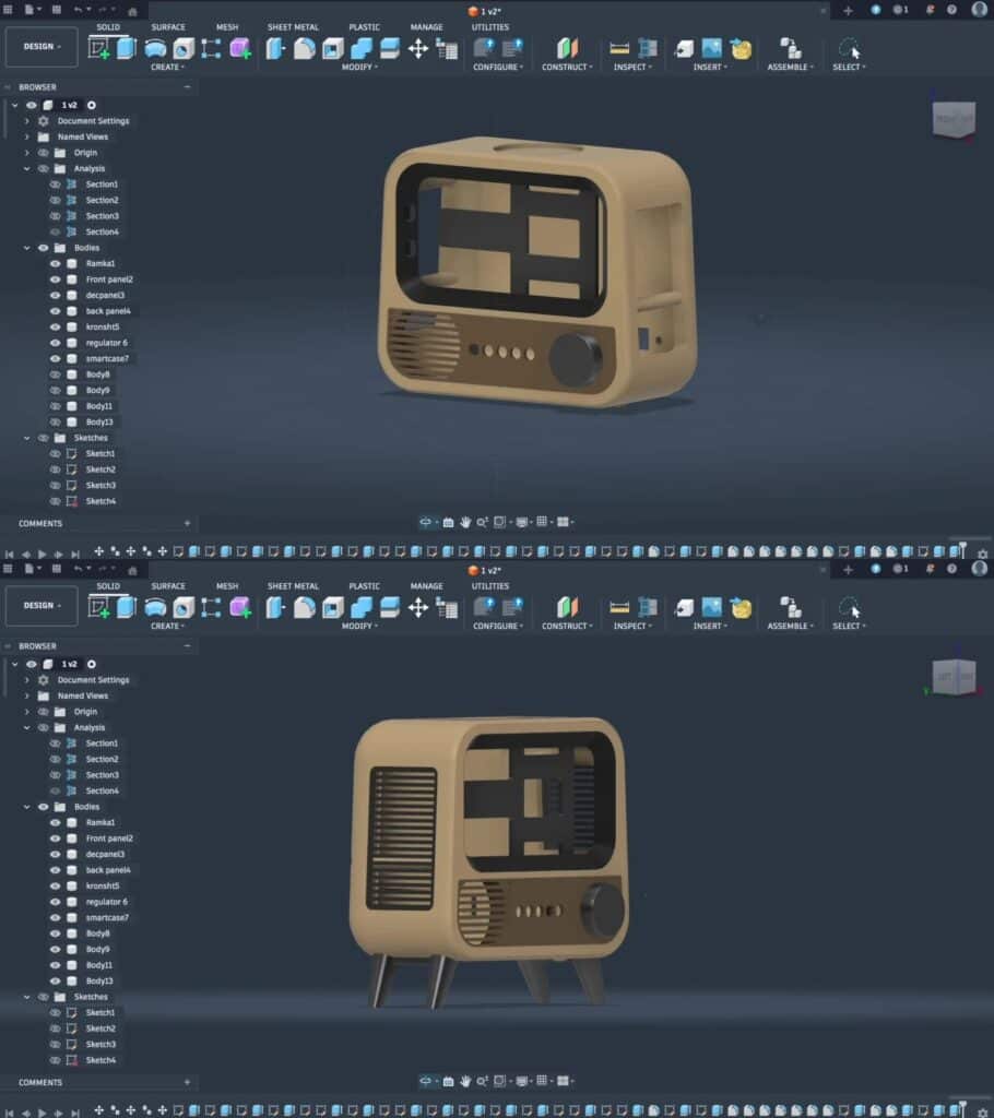 Screenshot of 3D modeling software showing the CAD design of the retro-style smart speaker chassis.