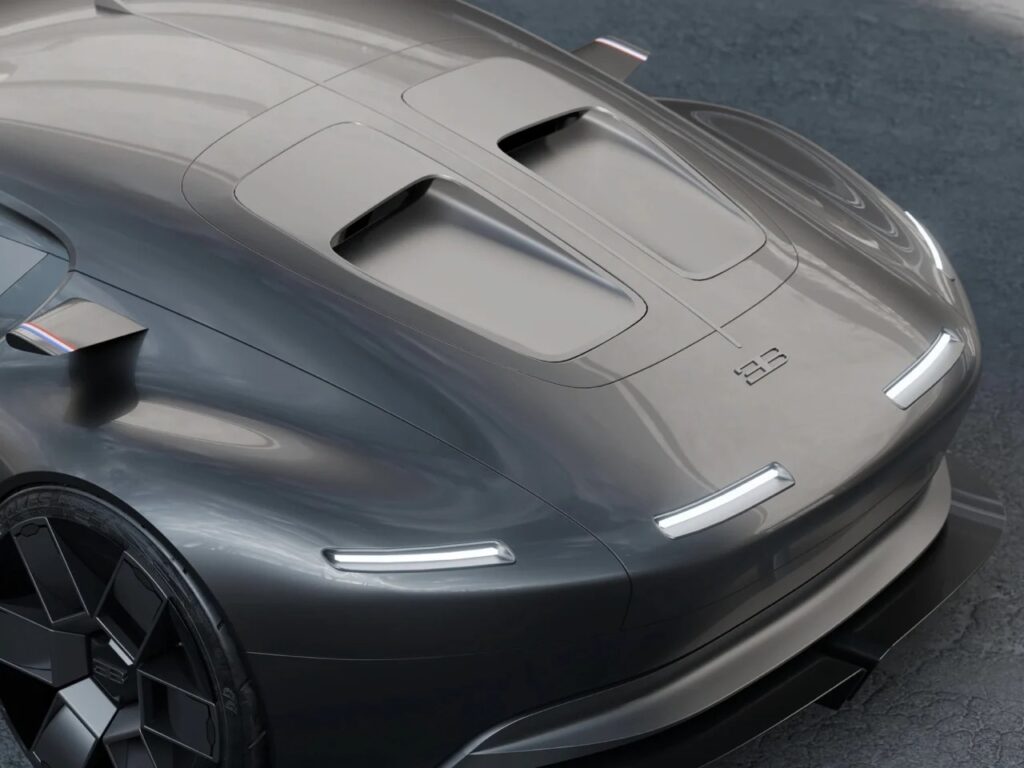 Detailed view of the Bugatti Type Sigma rear decklid with integrated EB logo and recessed engine vents.