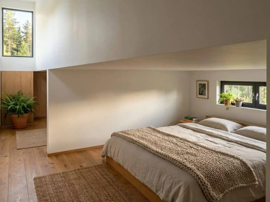 Interior view of a secondary bedroom in Onda tiny house featuring oak flooring and natural light.