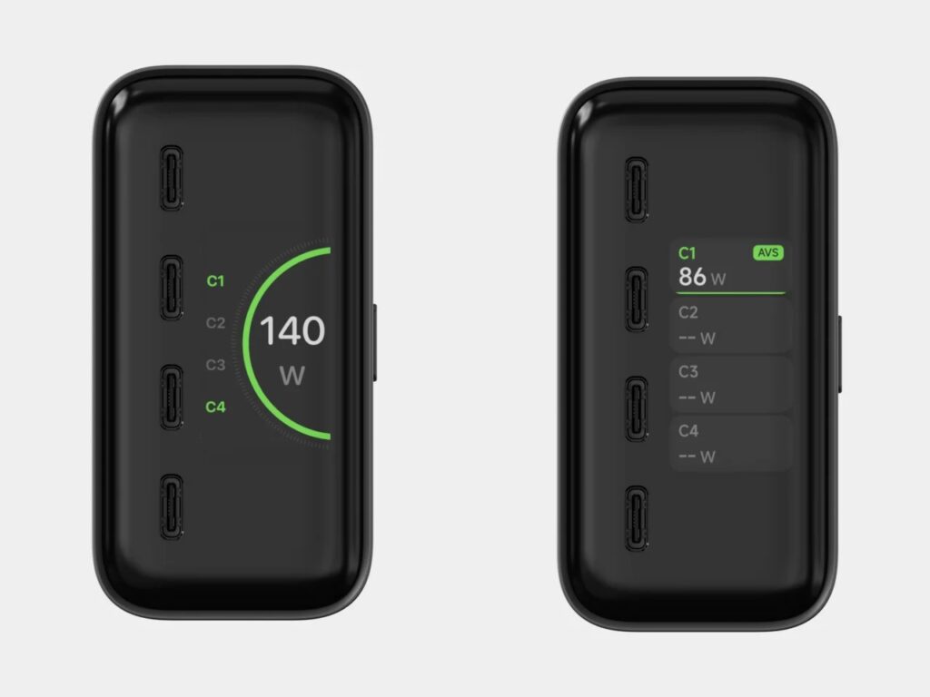Comparison of two display modes on the Satechi 140W charger: total power meter vs individual port wattage breakdown.