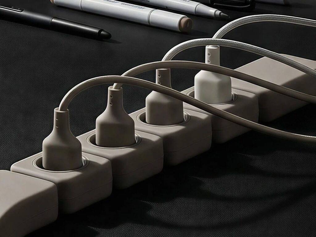 Close-up of modular power outlets with grey plugs and fabric-covered cables on a dark textured surface.