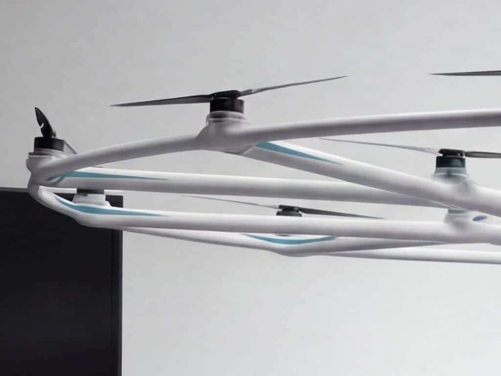 An extreme close-up detail of the individual rotor units and the white pylon structure on the edge of the Volocopter VoloXPro overhead ring.