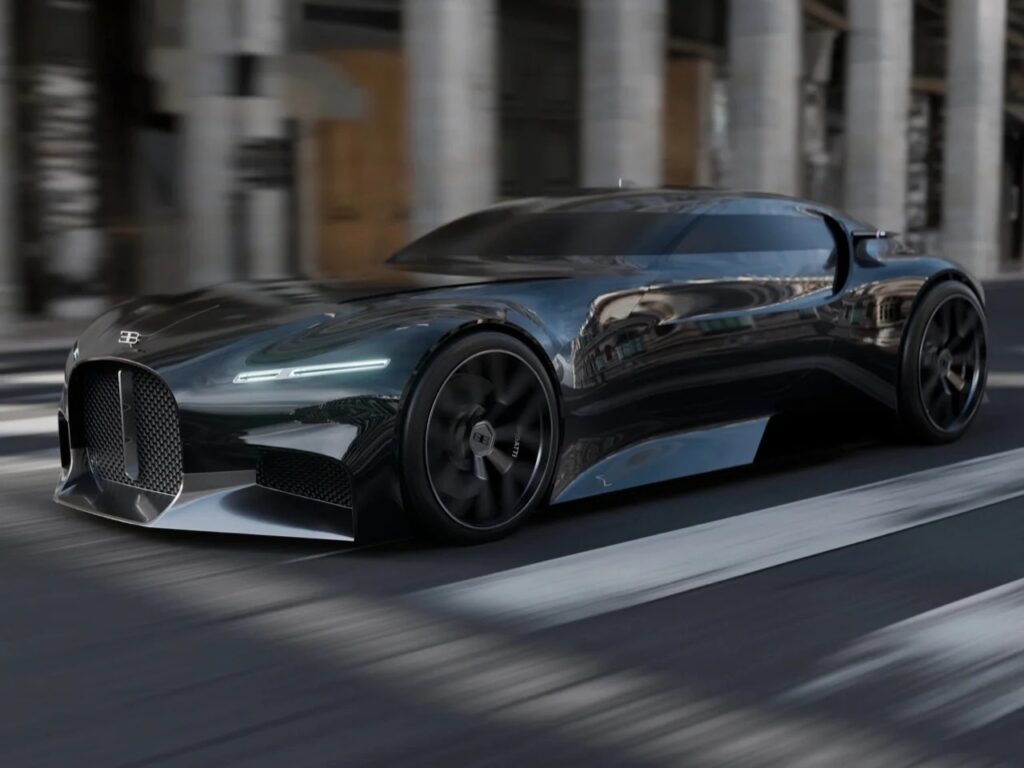 Bugatti Type Sigma concept car in motion on a city street, reflecting classical architecture on its metallic surface.