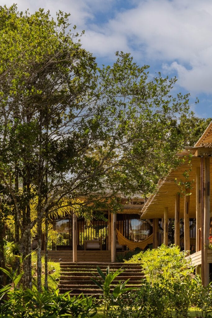 Stone and wood exterior stairs leading to the MP House entrance, surrounded by dense tropical vegetation.