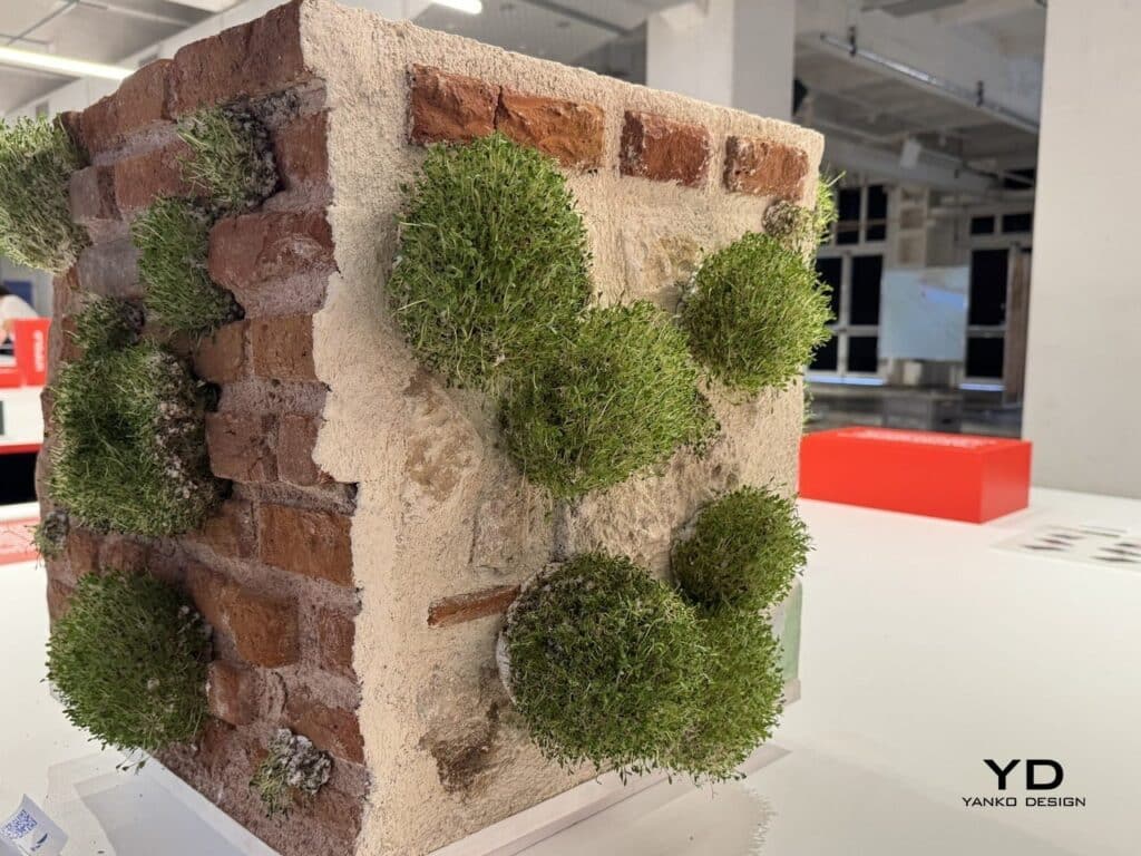 Close perspective of the corner of the wall model showing the contrast between brick and stone textures.