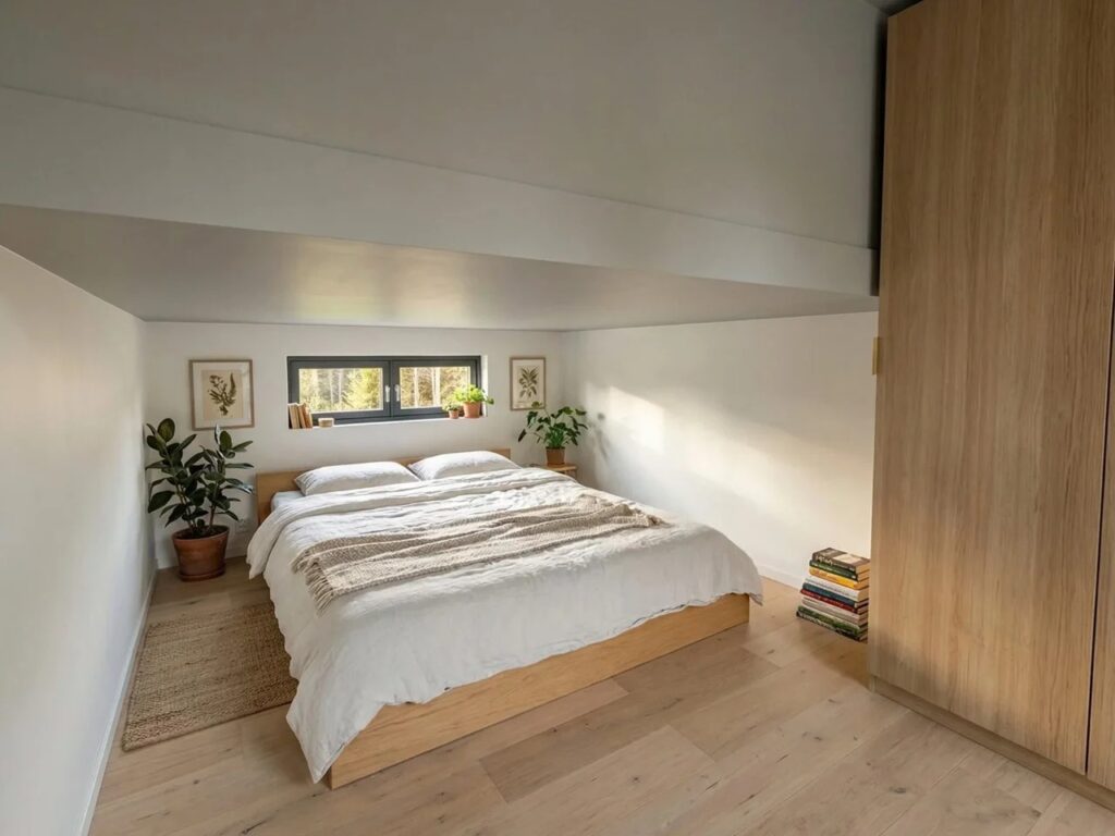 Minimalist bedroom in a tiny house with built-in wardrobe and light wood accents.
