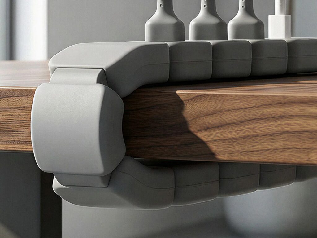 Close-up detail of the grey flexible hinge and clamp of the Edge power system on a walnut desk.
