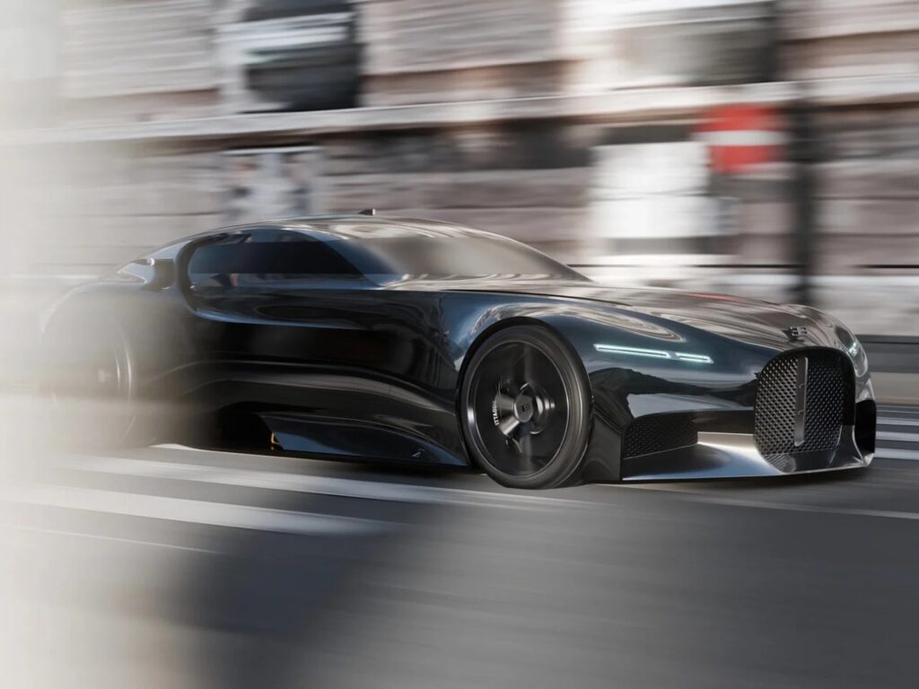 Side profile of Bugatti Type Sigma in high-speed motion, emphasizing the continuous C-shaped flow.