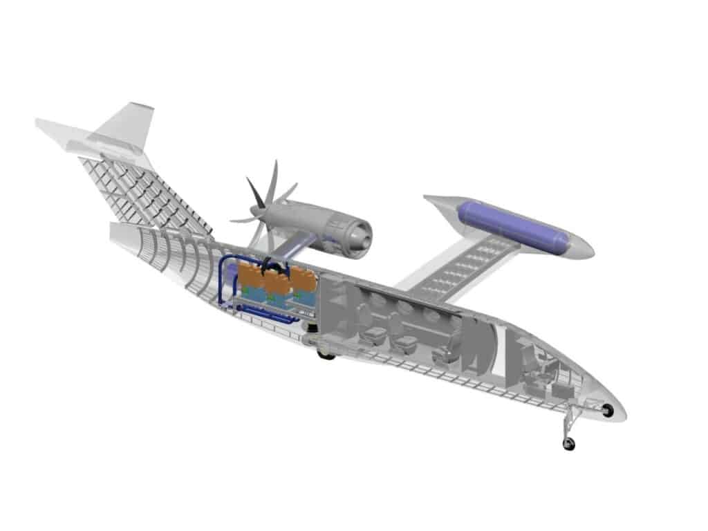 Cutaway 3D model of the BYA-I One aircraft showing the interior cabin with six seats and the rear hydrogen fuel cell power units.
