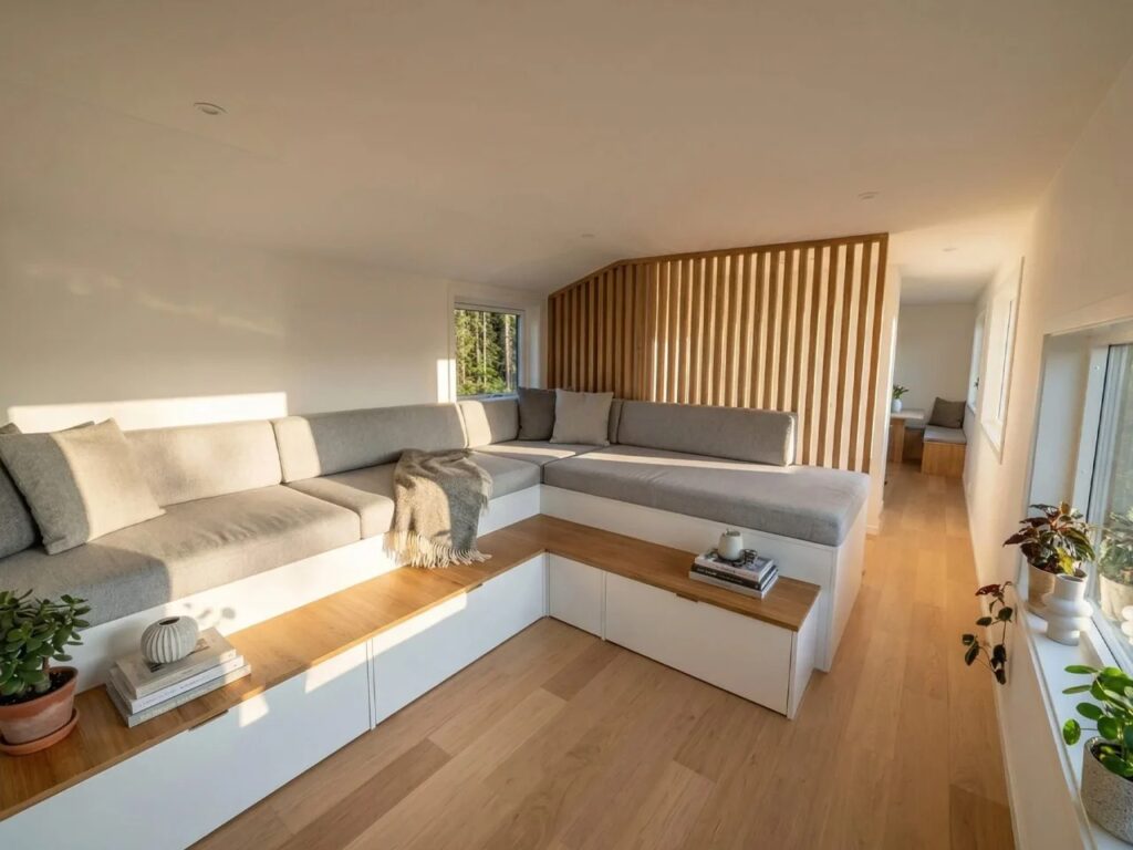Upper-level living area of Onda tiny house with a large L-shaped sofa and wooden slat partition.