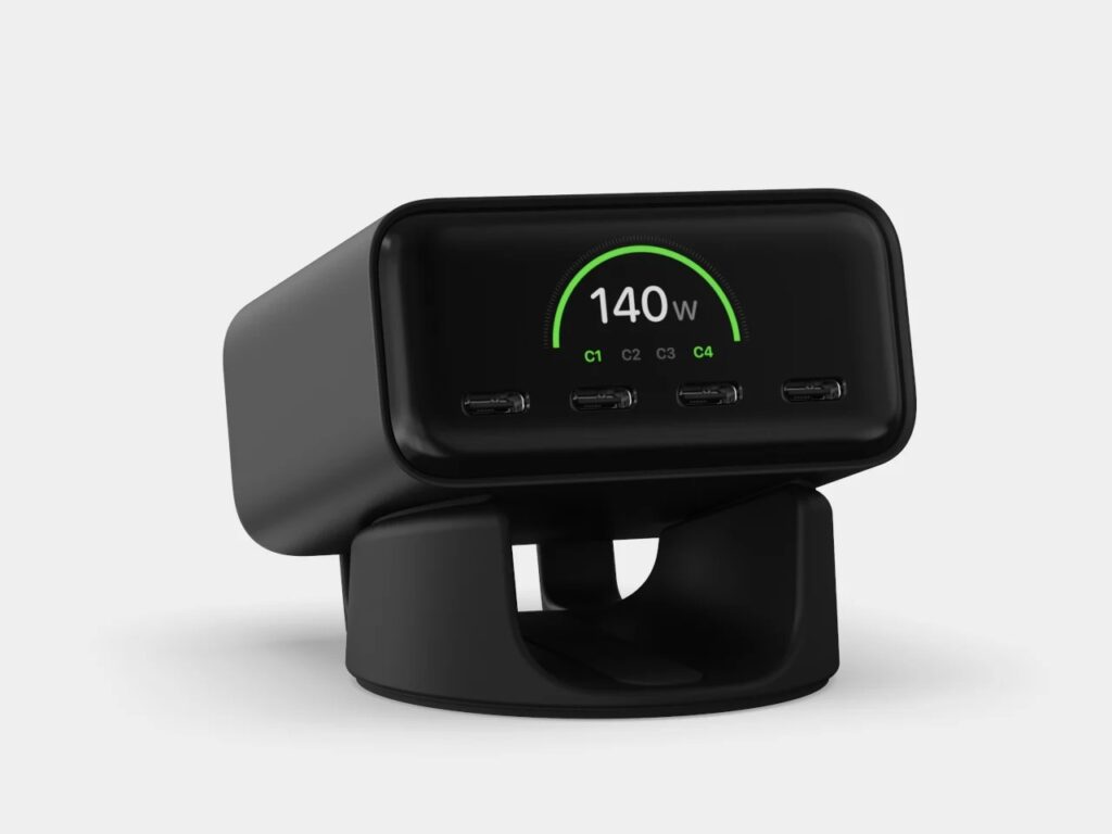 Front angle of the Satechi ChargeView 140W in its vertical cradle showing the 140W total power indicator.