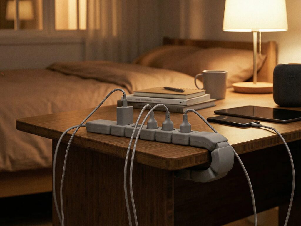 Edge modular power strip clamped to a wooden home office desk with connected devices in a warm bedroom setting.