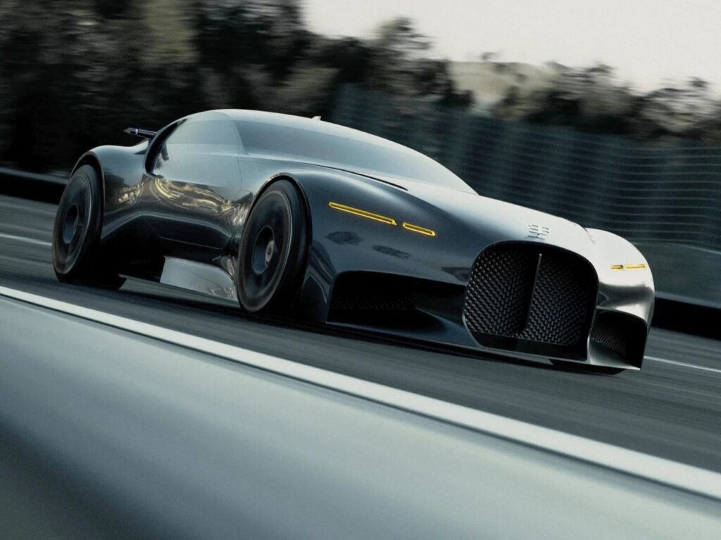 Bugatti Type Sigma concept driving on a track with glowing yellow DRL lights and an aggressive low stance.
