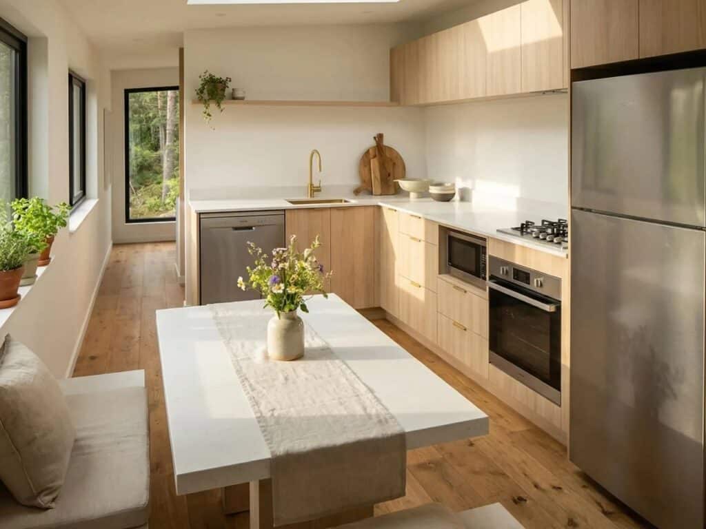 Modern kitchen and dining area in Onda tiny house with full-sized appliances and skylight.