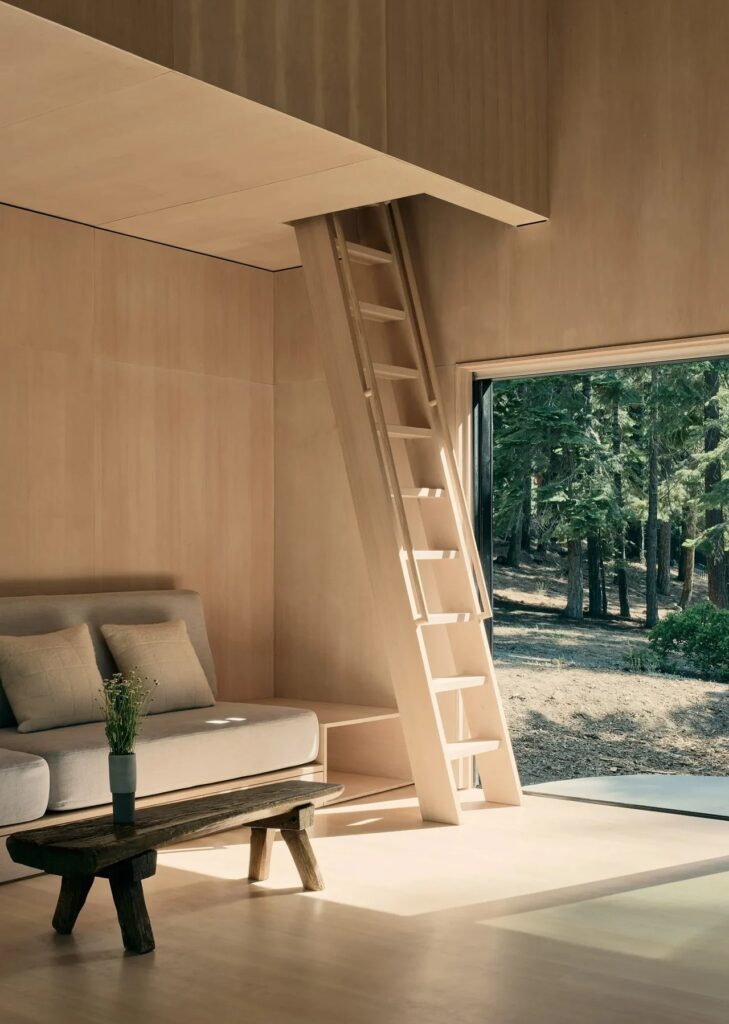 Living area with a wooden ladder leading to a mezzanine loft and a large window facing the forest.