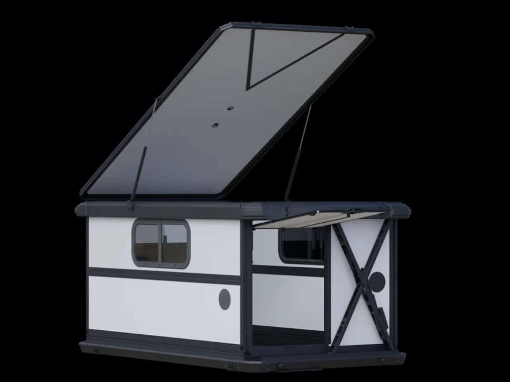 3D studio render of the Altus Hardwall Rooftop Cabin showing the hinged roof and sliding windows.