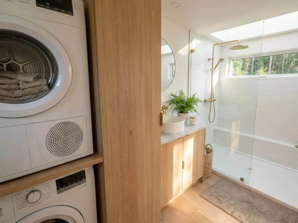 Luxury bathroom in a tiny house with walk-in glass shower, skylight, and laundry unit.