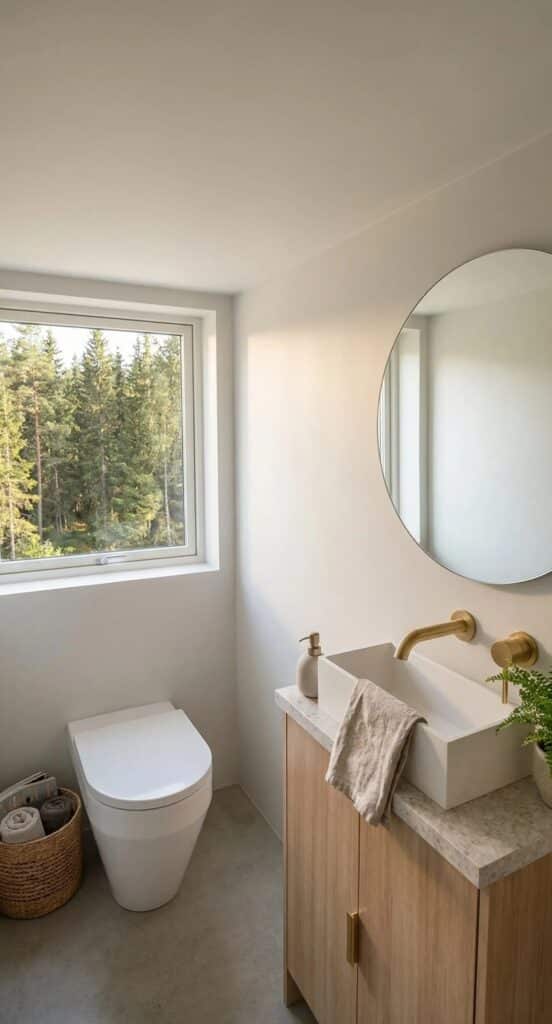 Compact powder room in Onda tiny house with circular mirror and forest view window.