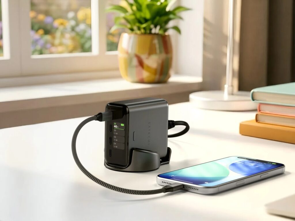 Satechi 140W GaN charger in a bright lifestyle home office setting, charging a phone near a window.