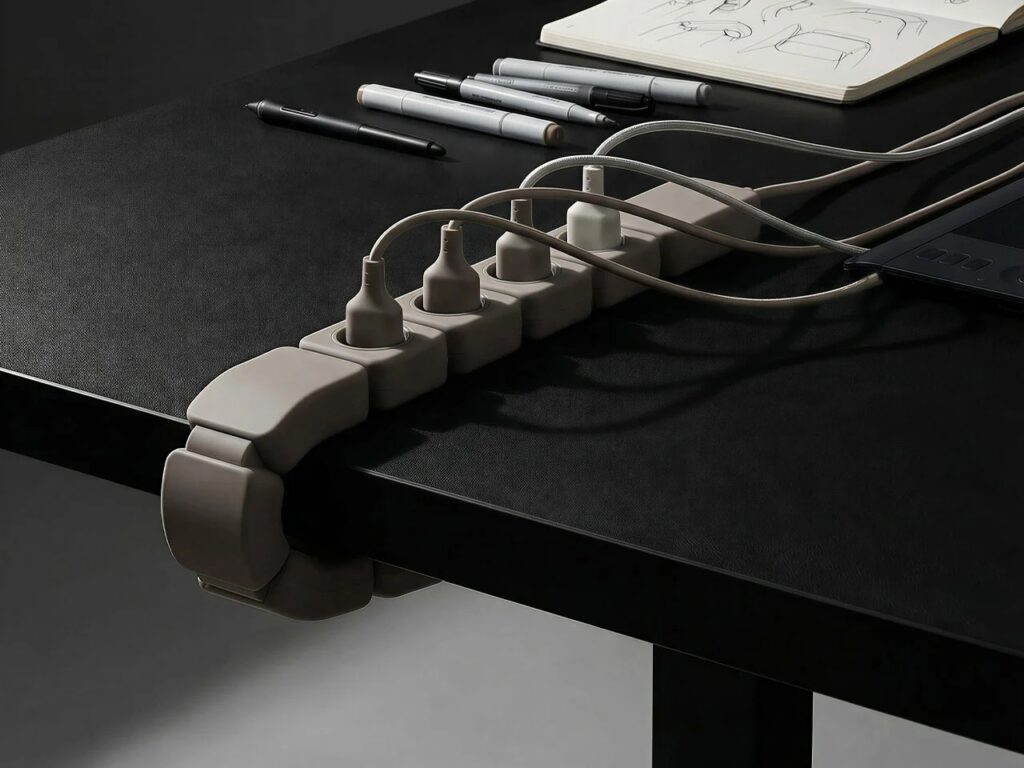 Top-down view of Edge power unit on a black workstation with grey braided cables and design tools.