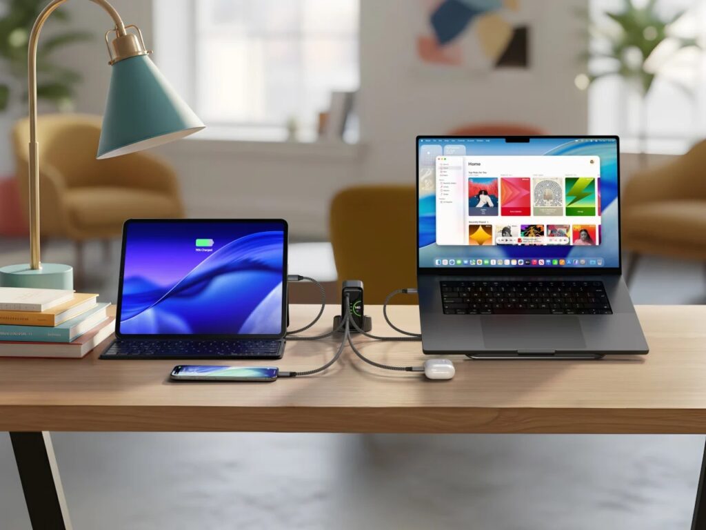 Wide shot of a complete digital workspace featuring Satechi ChargeView 140W as the central power station for all devices.