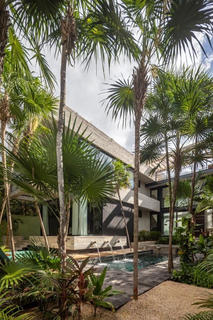 Vertical view of a private swimming pool at Vihara House with water fountains and tall palm trees reaching the sky.