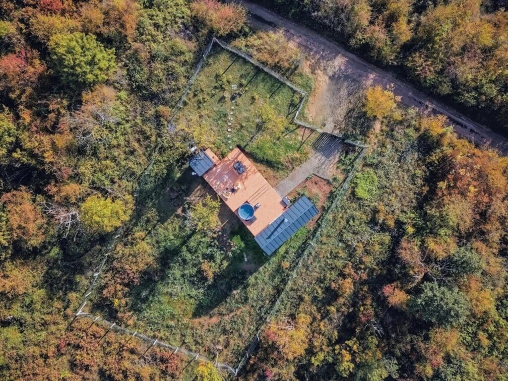 An aerial drone top-down view of the NestOff micro-cabin project nestled in a clearing within a dense, autumnal forest in Hungary, highlighting the dark wooden units, the large connecting larch deck, and the hot tub.