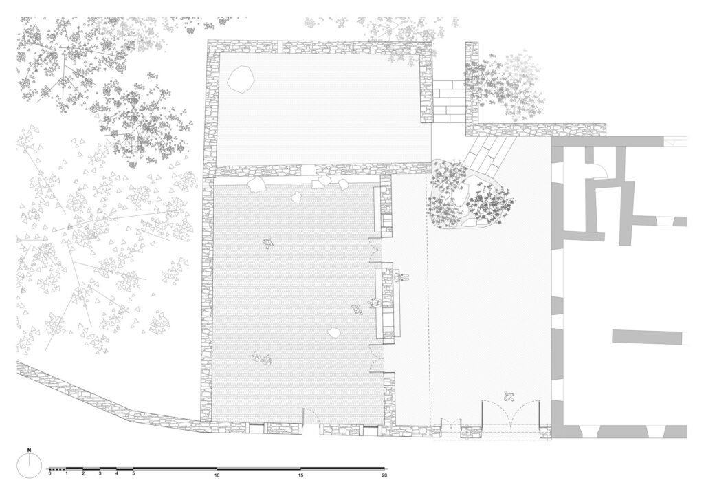 Architectural floor plan of the Tiled Sky Pavilion showing the layout of the large hall and surrounding structures.