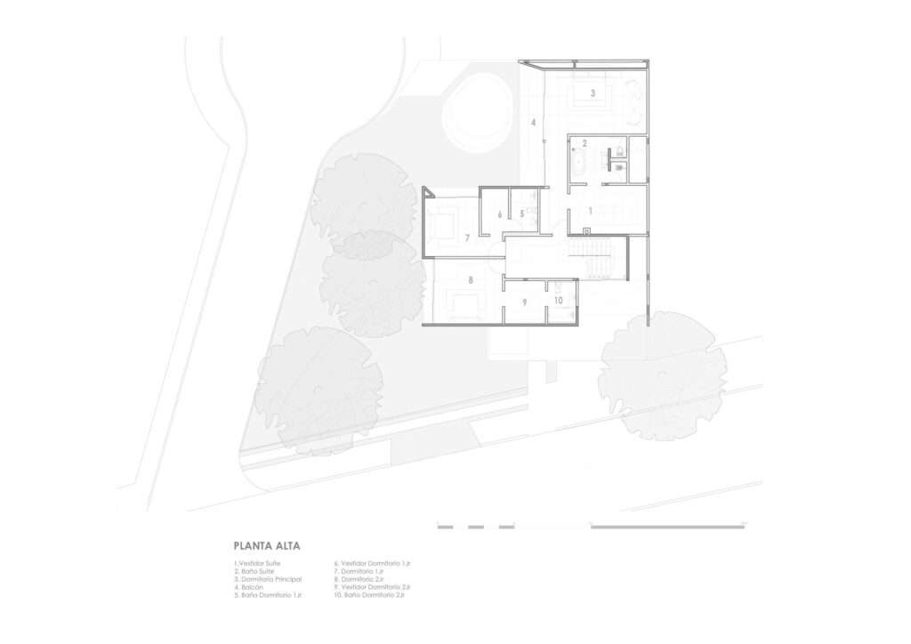 Architectural floor plan of the upper level (Planta Alta) of Casa Refugio showing the layout of the suites and balconies.